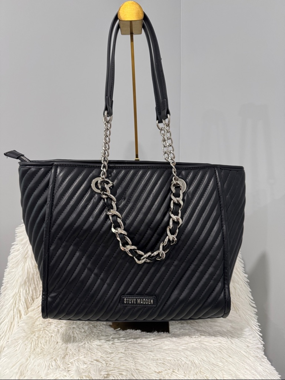 Steve Madden Black Quilted Tote with Silver Chain Handles